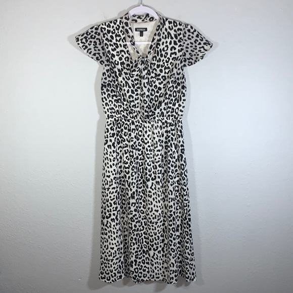 Express White Leopard Animal Print Midi Work Flutter Sleeve Dress size Small - Picture 15 of 16